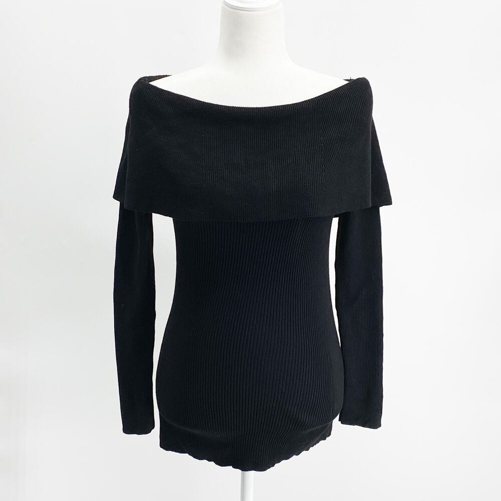 WHBM Black Off Shoulder Ribbed Sweater Bow Back XS